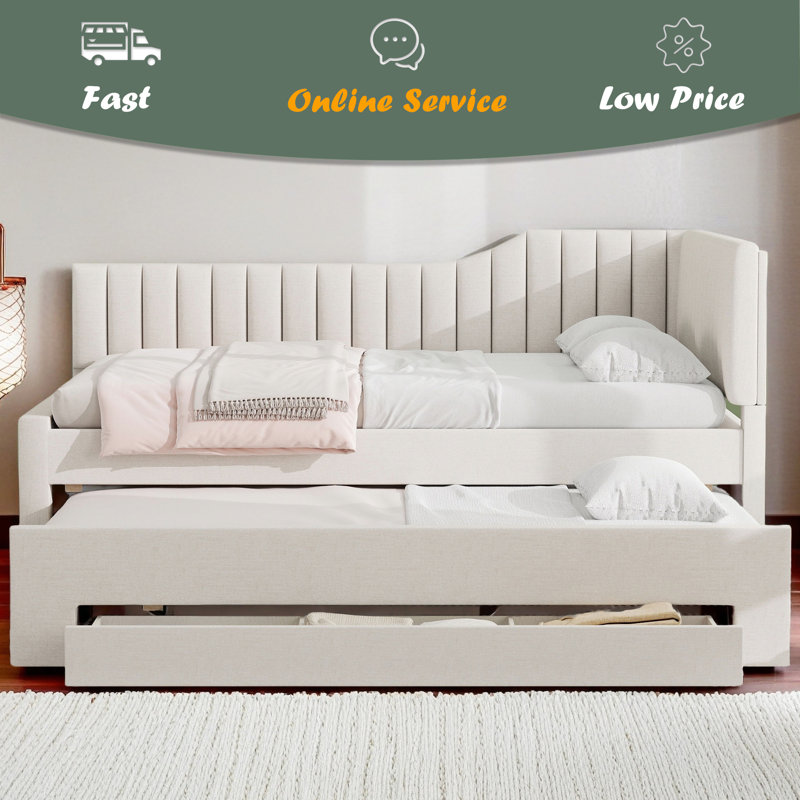 Lit de jour simple tapissier avec lit gigogne et trois tiroirs, Beige, Lit double
