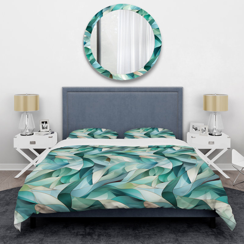 Ensemble de housse de couette à motif de bord de mer en mosaïque vert clair et motif de côtes I