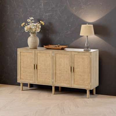 Rattan Storage Cabinet with Bohemian Flair, 62.2" Wide Hall Sideboard Buffet Cabinet for Living Room, Natural