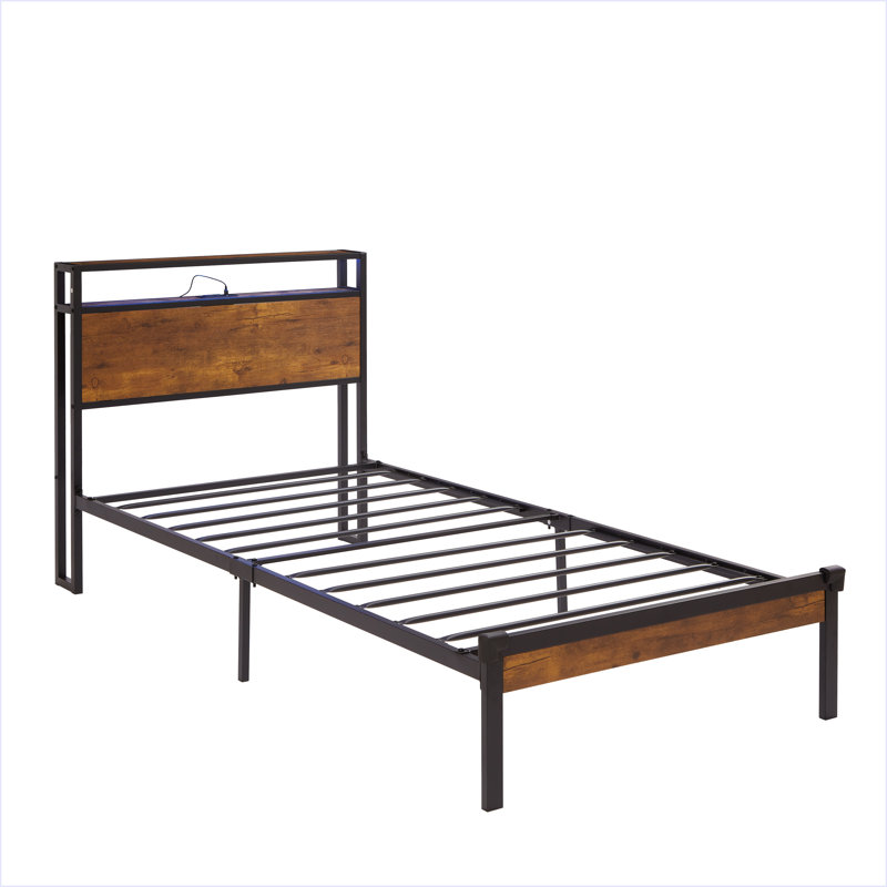 Twin Size Metal Platform Bed Frame With Wooden Headboard And Footboard With USB LINER, LED Lights ,No Box Spring Needed, Large Under Bed Storage