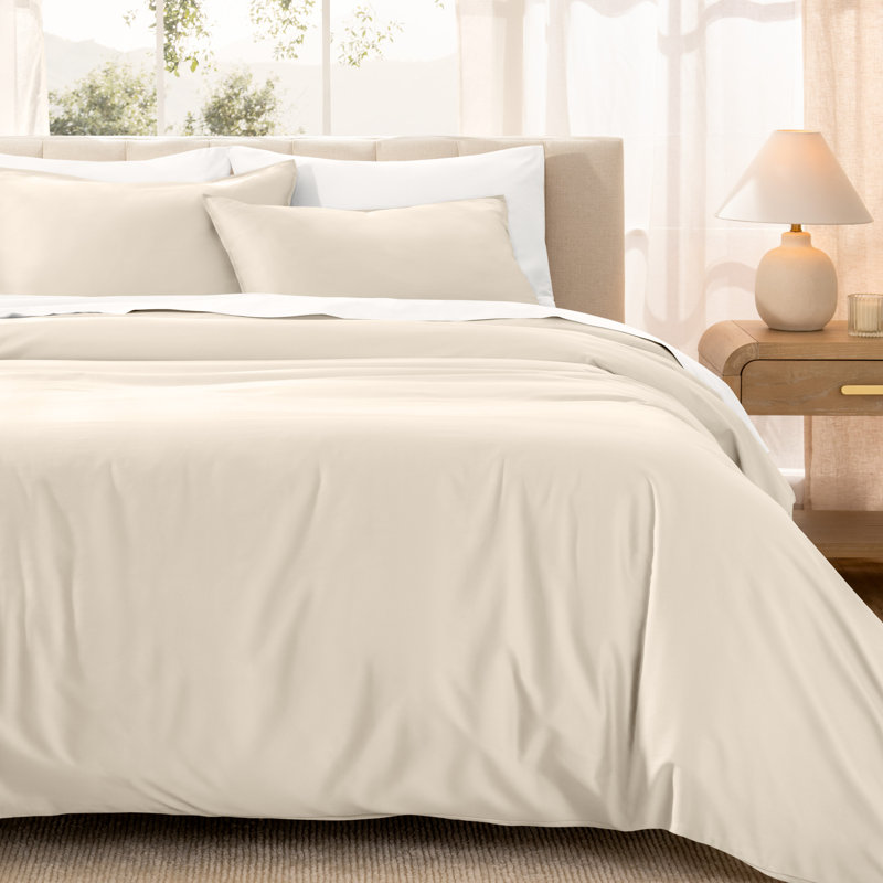 400 Thread Count Organic Cotton Sateen Duvet Cover Set, French Beige, King Duvet Cover + 2 King Shams