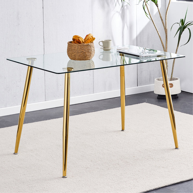 Table de salle à manger rectangulaire en verre avec pieds en métal, 29.8" H x 51.2" W x 31.5" D, Doré