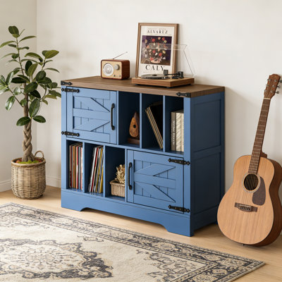 39" Large Record Player Stand with Vinyl Storage, Farmhouse Wood Vinyl Record Storage Cabinet with Barn Doors, Mid-Century Modern Turntable Stand for Living Room, Blue