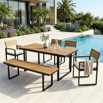 6-Piece Acacia Wood Outdoor Dining Set, Rectangular Dining Table with 4 Cushioned Chairs and 1 Dining Bench for Patio, Garden and Backyard