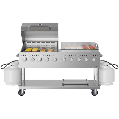 Barbecue commercial au propane 72 pouces à 10 brûleurs avec couvercle en forme de dôme en rouleau de 36 po et plaque chauffante de 36 po en acier inoxydable, homologué ETL (CGKIT7-D36G36)