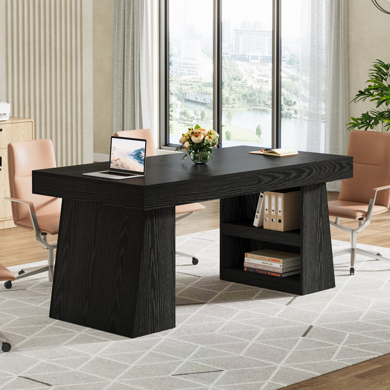 Table de conférence de 4,6 pi pour 4 à 6 personnes, table de réunion moderne avec tiroir de rangement et tablettes, Black
