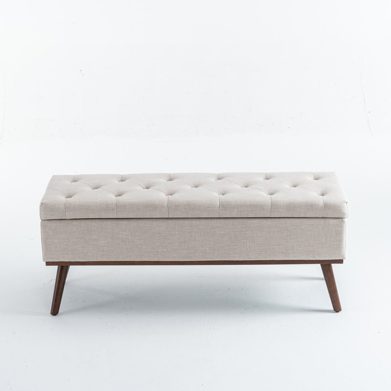 Delmy Linen Upholstered Storage Bench with Wood Base Tufted Ottoman, Beige