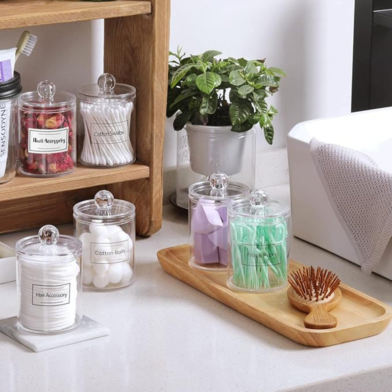 Ensemble de 4 distributeurs de porte-Cotton Swab en acrylique pour cotons-tiges, boules, tampons, choix de soie - petit ensemble de pots d'apothicaire en plastique transparent, décor pour accessoires de salle de bain, rangement pour maquillage