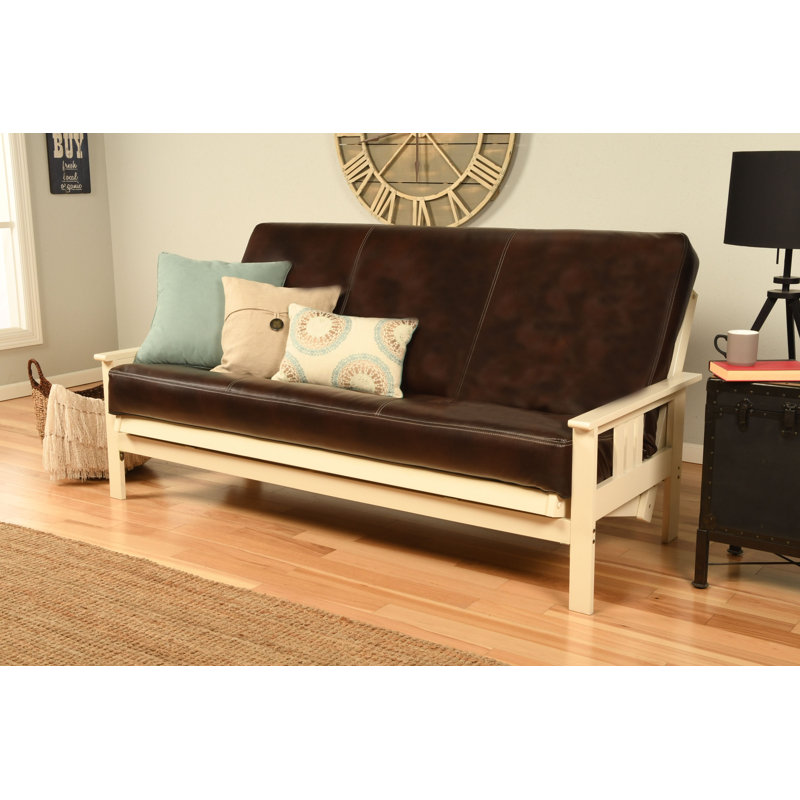 Stratford Full 79" Futon Frame and Mattress, Espresso Faux Leather, Antique White
