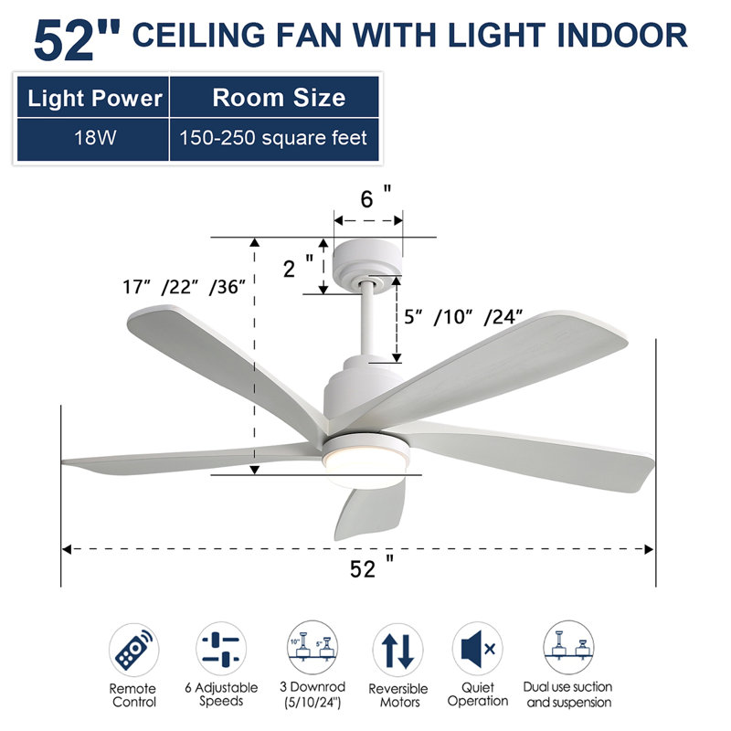 52 Inch Modern Ceiling Fan With Dimmable LED Light 5 Solid Wood Blades Smart Remote Control Reversible DC Motor, White, White