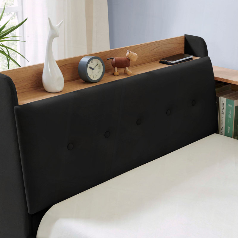 Velvet Daybed Adjustable Height Storage Wireless Charging, Black