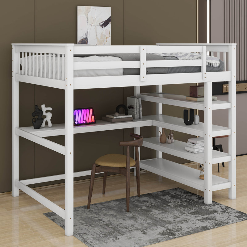 Full Size Loft Bed With Shelves And Under-Bed Desk, White