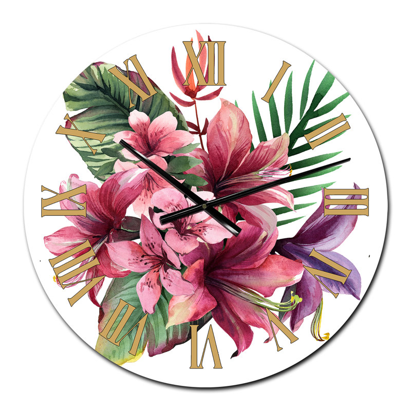 Bouquet of Tropical Flowers and Leaves on White I - Traditional Wall Clock, Medium