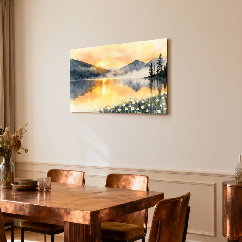 Ensemble de 1 tableau sur toile tendue, aquarelle représentant un coucher de soleil sur un lac de montagne, H 16 po x l 24 po