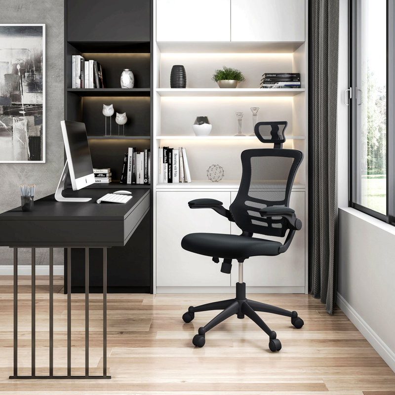 Black Modern High-Back Mesh Executive Office Chair, With Headrest And Flip-Up Arms, Black