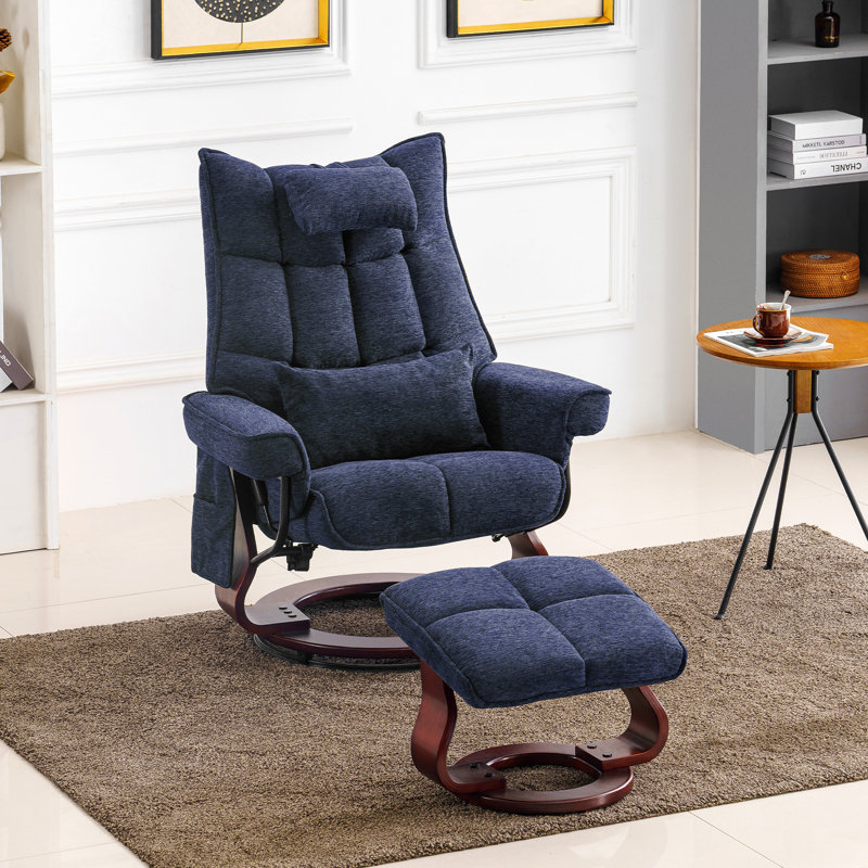 Grygorij Swivel Recliner Chair with Ottoman, and Vibration Massage, Blue Chenille