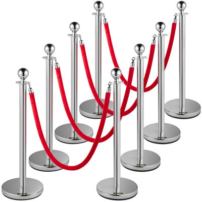 Poteau de contrôle des foules, ensemble de poteaux, ensemble de poteaux avec corde de velours rouge de 5 pi / 1,5 m, barrière de contrôle des foules argentée avec base en béton robuste et en métal - Assemblage facile à connecter