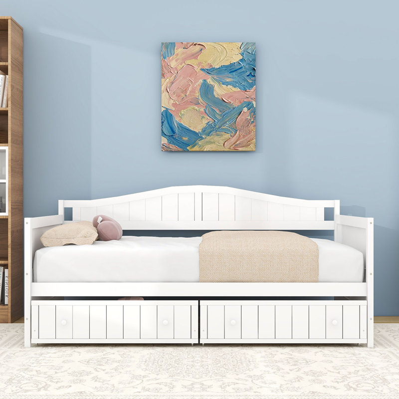 Lit de jour simple en bois avec structure robuste et deux tiroirs de rangement, Blanc