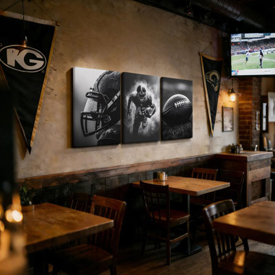 3 Pcs American Football Wall Art Canvas Print Black And White Sports Poster Framed Dynamic Athlete And Helmet Artwork 12X16 Inch Canvas Wall Decor For Living Room Bedroom Office Game Room Sport Hall School