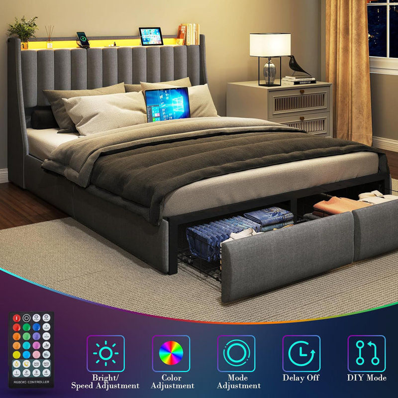 Upholstered LED Bed Frame with 2 Drawers, Bed with Storage Headboard and Charging Station