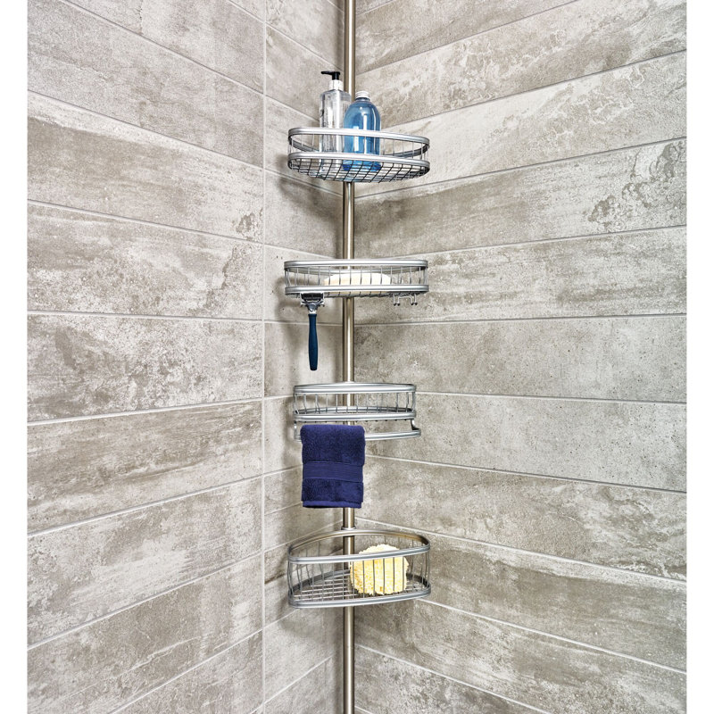 Silver Metal Tension Rod Corner Shower Caddy with Adjustable Baskets