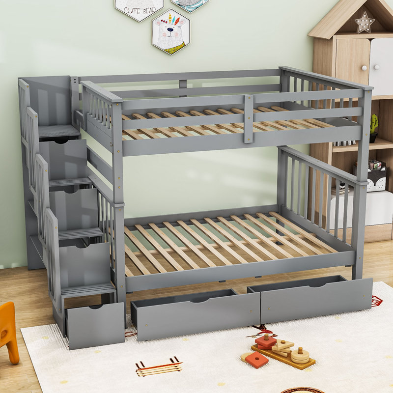 Lit superposé double au-dessus de double, lit superposé en bois avec tablettes et tiroirs, gris