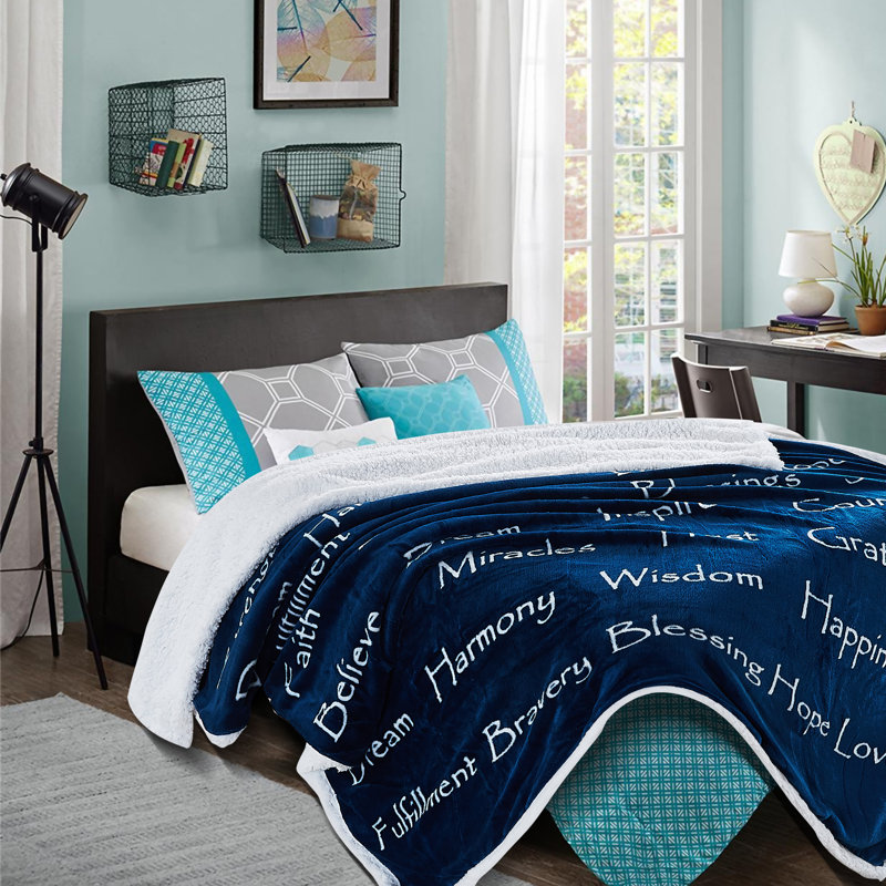 Blue Reversible Sherpa and Faux Fur Throw Blanket