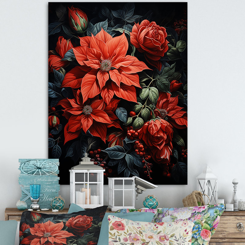 Danzell Poinsettia Flower Noir II - impression, H 20 po x l 12 po x P 1 po, Toile tendue