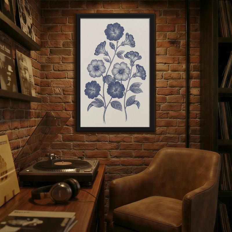 Plants & Flowers Blue Floral Pattern On Cream Canvas, 18" H x 12" W
