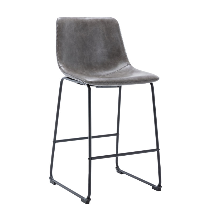 Halterman Tufted Faux Leather  Upholstered Counter & Bar Stool with Metal Sled Base, Counter Stool (24" Seat Height), Gray
