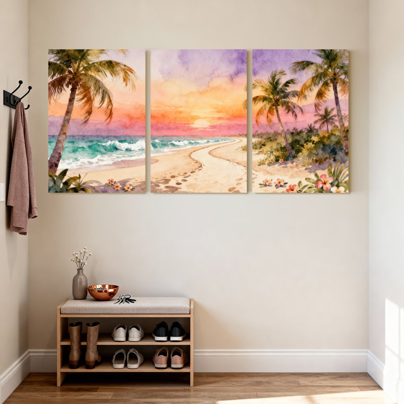 Palmiers, coucher de soleil tropical, plage, palmiers, ensemble de 3 impressions sur toile, 24" H x 48" W