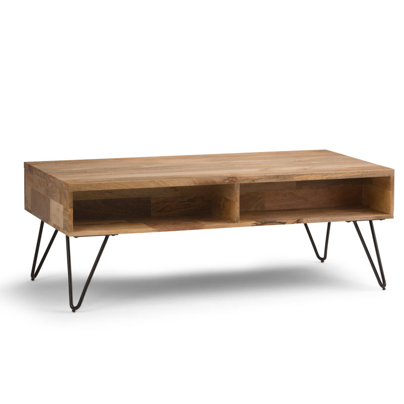 Hunter 48"W Solid Mango Wood and Metal Industrial Lift Top Coffee Table with 2 Storage Cubbies and Hairpin Legs