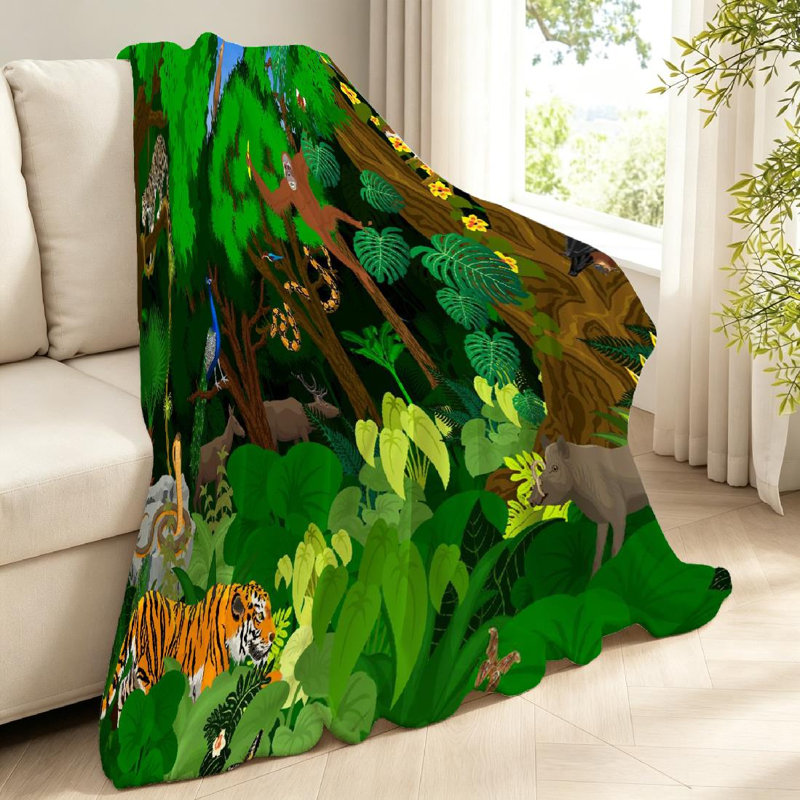 Jeté en flanelle transparente molletonnée, imprimé jungle simple, Throw 40" x 50"