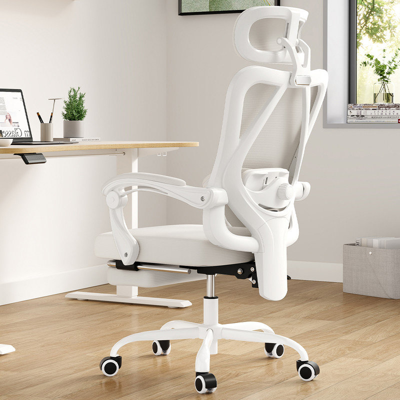 Ergonomic Mesh Office Chair with Adjustable Lumbar Support, Headrest, and Retractable Footrest, Beige