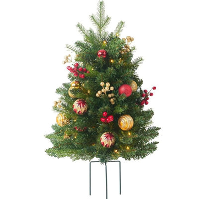 31.5 Inch Pre-Lit Artificial Christmas Tree, Pre-Decorated Artificial Pine Tree with Warm LED Lights, Red Gold Ornaments, Red Berries and Metal Ground Stake for Indoor Outdoor Holiday Decor