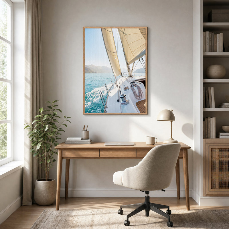 Voilier blanc sur toile d'eau turquoise, H 48 po x l 32 po