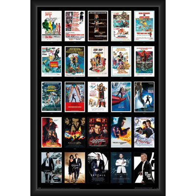 BUY ART FOR LESS Officially Licensed James Bond – 25 Films – Framed Art Poster – 24 x 36 Inch – Sturdy Engineered Wood Frame with Plexi Glass – Ready