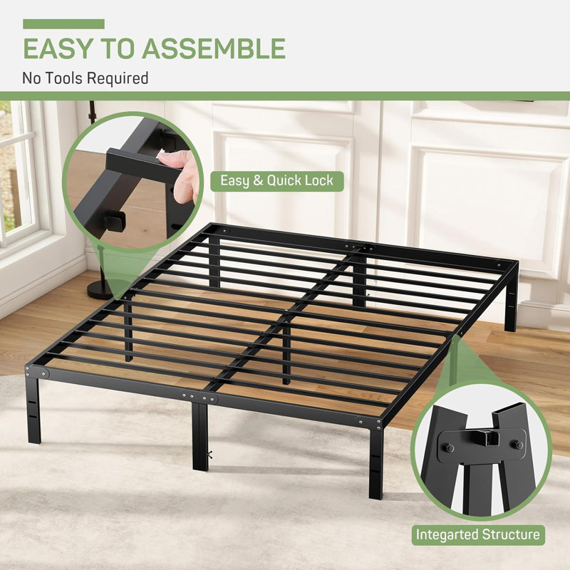 Bed Frame, Metal Platform Frames No Box Spring Needed, Heavy Duty With Storage Space, 14 Inches High, Sturdy Steel Slat Support