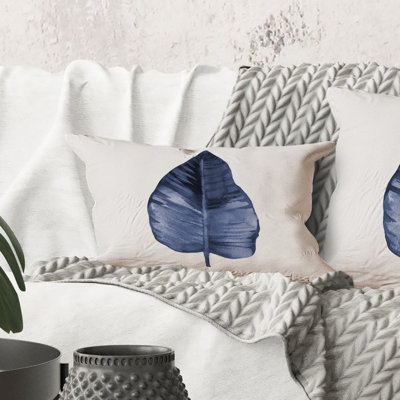 Rectangle,Blue Leaf Watercolour On White - Traditional Printed Throw Pillow
