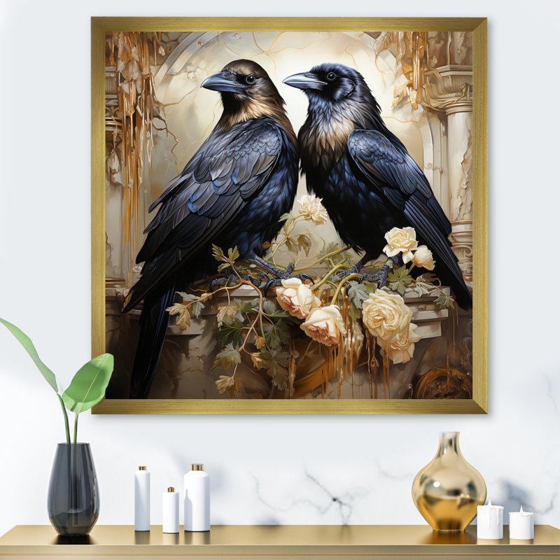 Bhopal Crow Golden Elegance - Imprimé, Encadrement doré, H 16 po x l 16 po x P 1 po