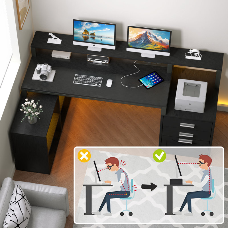 Ravleen 66'' W L-Shaped Computer Desk with Cube Shelves and Cabinet, Black
