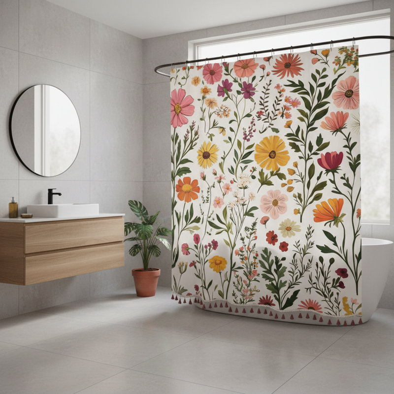 Rideau de douche Boho 72 x 72, Blanc / vert / rose floral