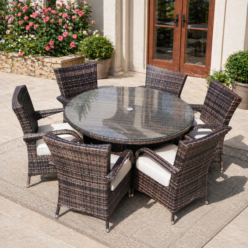 6 - Person Wicker Patio Dining Set with Round Table , Cushions Included, Beige, Brown
