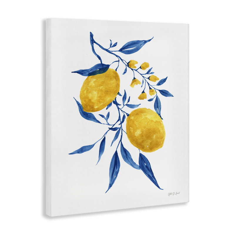 Art mural sur toile "Citrons avec feuilles bleues" par Yvette St. Amant, H 40 po x l 30 po