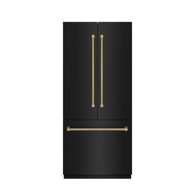 ZLINE Autograph 36 in. Black Steel French Door Fridge w/ Stainless Interior & Gold Helix Handles