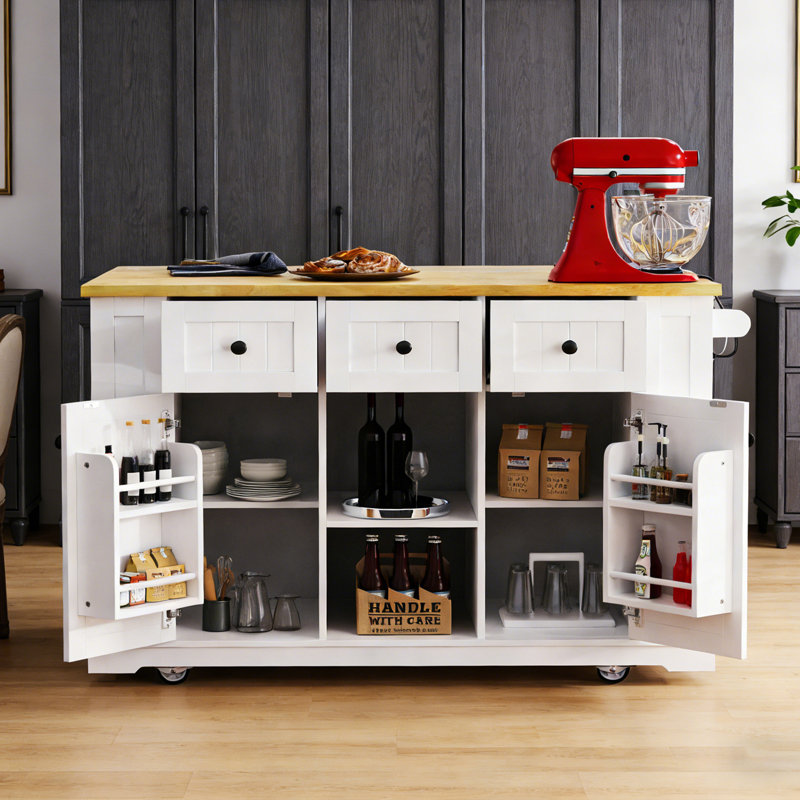 53Inch Large Kitchen Island With Drop Leaf, Power Outlet, Door Internal Storage Rack, Rolling Kitchen Cart On 5 Wheels With 5 Open Side Racks For Kitchen, Dining Room,White(Not Include Bar Stools)