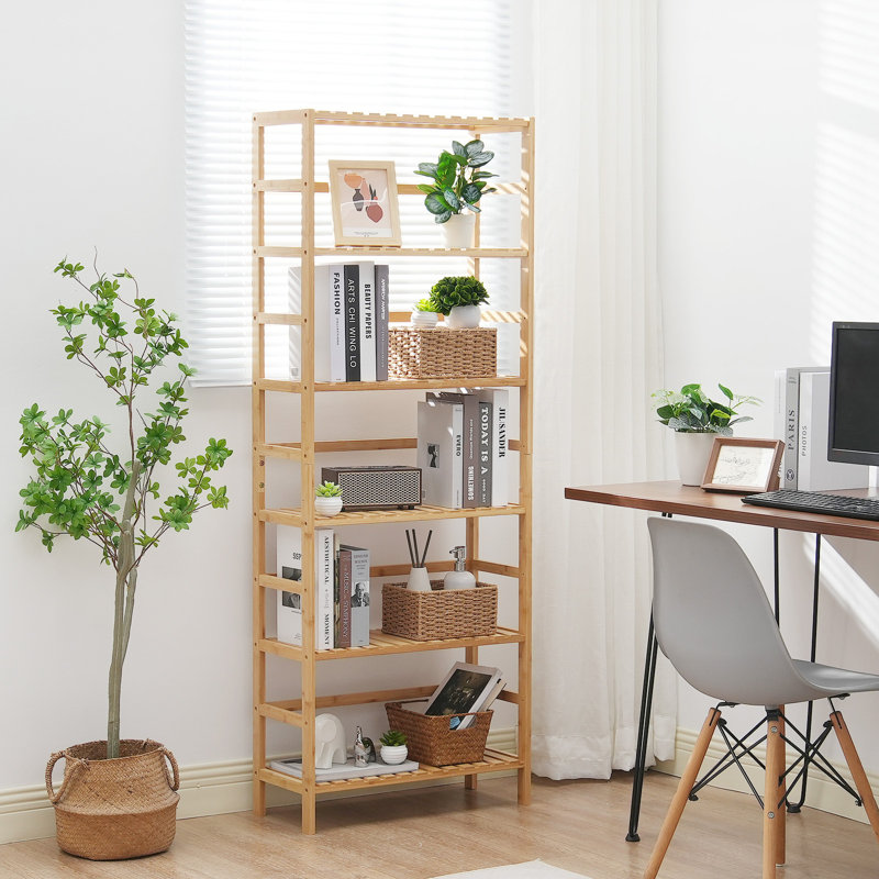 Bamboo Bookshelf 6 Tiers Bamboo Ladder Bookcase Rectangle Storage Rack