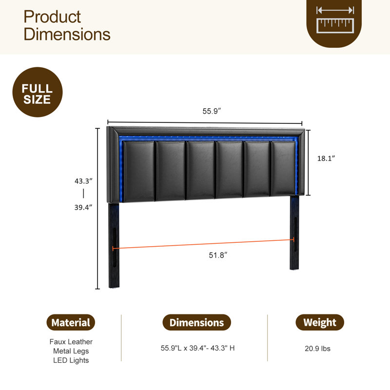 Jorelus LED Upholstered Headboard with 2 USB Ports, Adjustable Height - Faux Leather Headboard, Full
