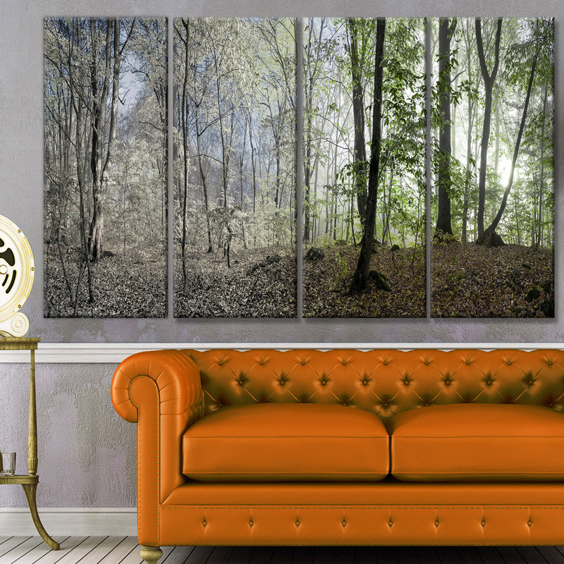 Green Morning Forest Landscape Canvas Print in Four Panels