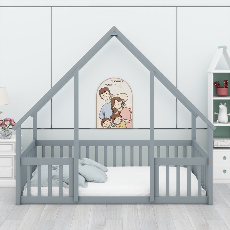 Whimsical Playhouse Floor Bed Solid Wood Frame With Enclosed Guardrails, Gray